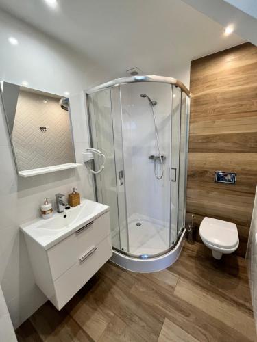 a bathroom with a shower and a sink and a toilet at Hotel i Restauracja „KRISTAL” in Braniewo