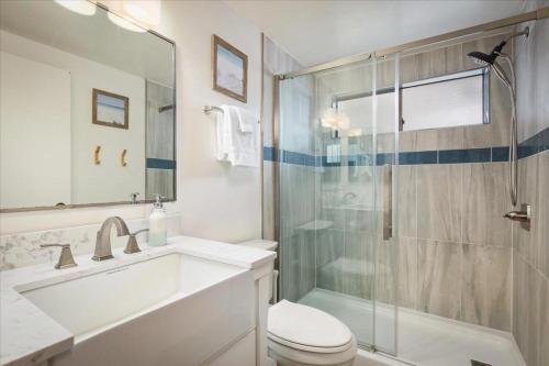 a bathroom with a shower and a toilet and a sink at Kona Plaza 210 in Kailua-Kona