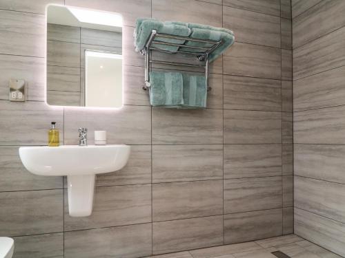 a bathroom with a sink and a mirror at The Pennymoor in Tiverton