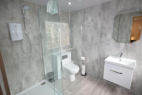 a bathroom with a shower and a toilet and a sink at Rosewood Cottage in Fort William