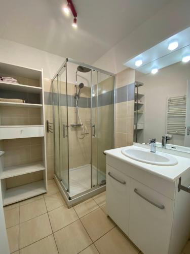 a bathroom with a shower and a sink at Appartement entre lac et mer avec piscine in Péret