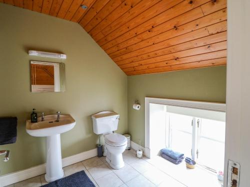 a bathroom with a sink and a toilet and a wooden ceiling at Coach House in Portlaoise