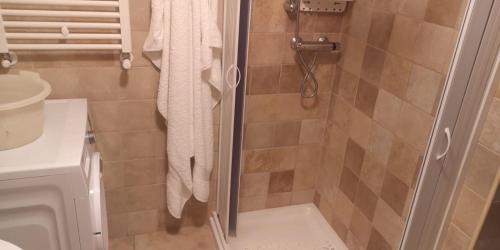a bathroom with a shower with a toilet and a sink at Cummersa dell'alba in Locorotondo