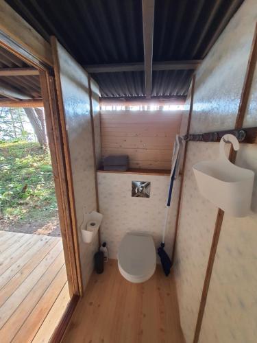 a small bathroom with a toilet and a sink at Skaisto saulrietu namiņš in Lembuži