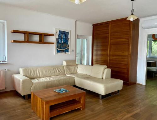 a living room with a couch and a coffee table at Hilltop Apartments in Fonyód