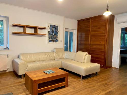 a living room with a couch and a coffee table at Hilltop Apartments in Fonyód