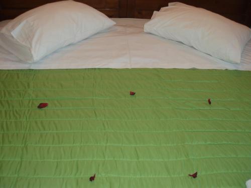 a bed with two pillows and a green blanket at Hellen Studios in Megali Ammos