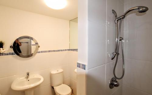 a bathroom with a shower and a toilet and a sink at Porthpean Apartment in Charlestown