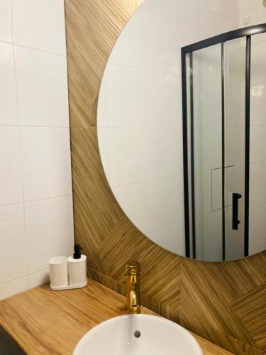 a bathroom with a sink and a mirror at Supreme Apartment in the City Center in Kraków