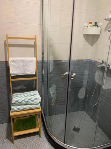 ein Bad mit einer Dusche mit einer Leiter und einem Stuhl in der Unterkunft Lovely forest escape, Mountain Lake complex in Smoljan