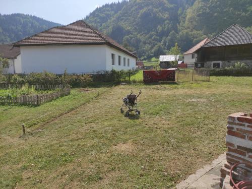a cart in a field with a house and mountains at Lubnice - Seoska kuca in Berane