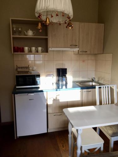 a kitchen with a white refrigerator and a white table at Gedimino House in Vilnius