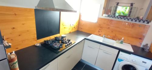 a kitchen with a black counter top and a dishwasher at La maison Bras des Songes in Saint-André