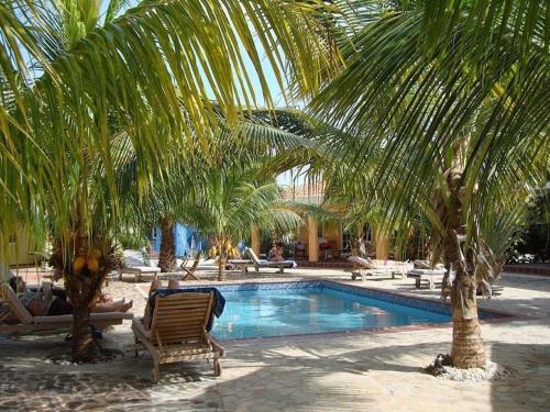 a swimming pool with palm trees and lounge chairs at Villa Perla due (diving villa Chikitu) in Kralendijk