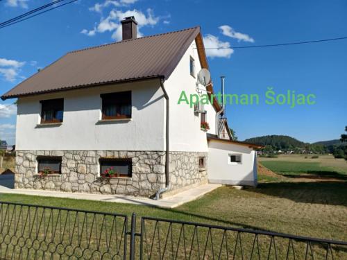 a house with a windmill on the side of it at Apartman Šoljac in Perušić