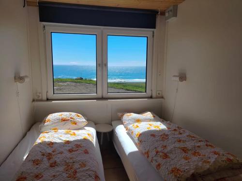 two beds sitting in a room with a window at Rauðsdalur in Brjánslækur