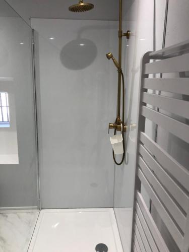 a shower with a glass door in a bathroom at Gîte Loue in Ornans