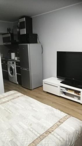 uma sala de estar com uma televisão de ecrã plano sentada num centro de entretenimento em Studio nearby the Kalnciema quarter em Riga
