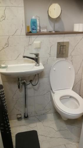 a bathroom with a white toilet and a sink at Studio nearby the Kalnciema quarter in Rīga
