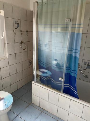 bagno con doccia e servizi igienici. di Palms Zimmer a Frechen
