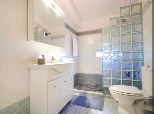 a white bathroom with a toilet and a sink at V.A.G.I.A. HOUSE in Vaia