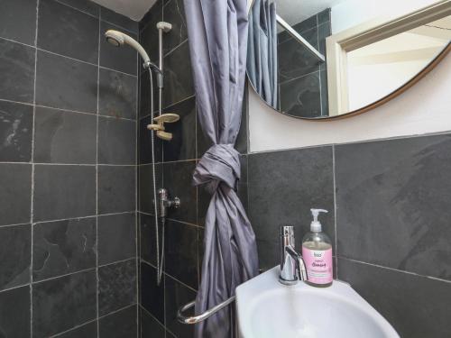 a bathroom with a shower with a sink and a mirror at Linham Barn in Kingsbridge