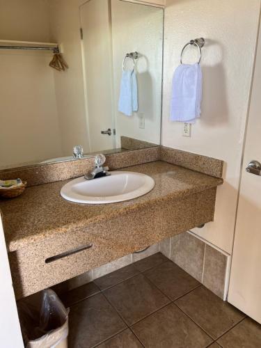 a bathroom with a sink and a mirror at Economy Inn Fresno in Fresno