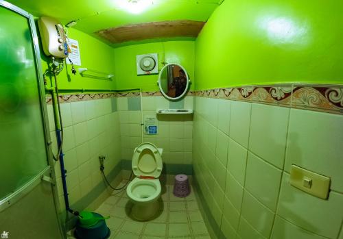 een groene badkamer met een toilet en een spiegel bij Apo Pension House in Coron