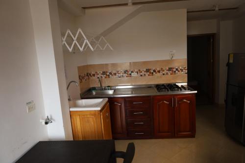 a kitchen with wooden cabinets and a sink and a stove at Apartahotel El Horizonte in Guatapé
