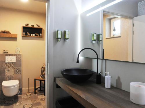 ein Bad mit einem schwarzen Waschbecken und einem WC in der Unterkunft Splendid Holiday Home in Le Tignet South with Garden in Eisden