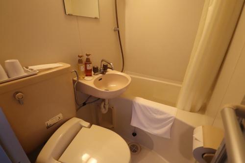 a small bathroom with a toilet and a sink at HOTEL THE GARDEN Ⅵ ICHINOMIYA in Ichinomiya