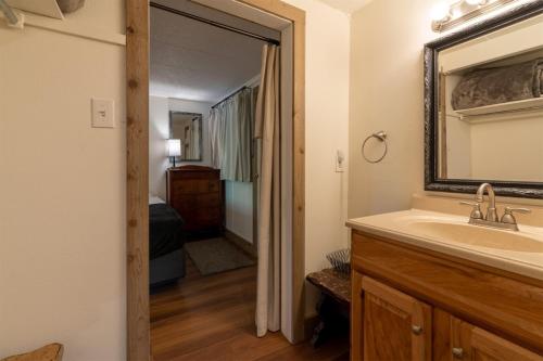 ein Bad mit einem Waschbecken und einem Spiegel in der Unterkunft Brettelberg Slopeside Condos F7 in Carbondale