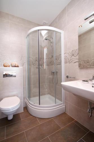 a bathroom with a shower and a toilet and a sink at Apartments by the sea Zavalatica, Korcula - 9138 in Zavalatica