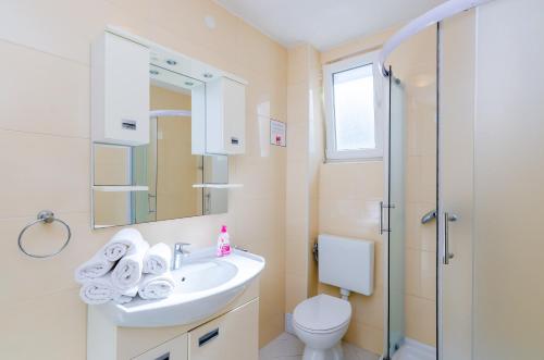 La salle de bains est pourvue d'un lavabo, de toilettes et d'une douche. dans l'établissement Apartments by the sea Sladjenovici, Dubrovnik - 9012, à Slano