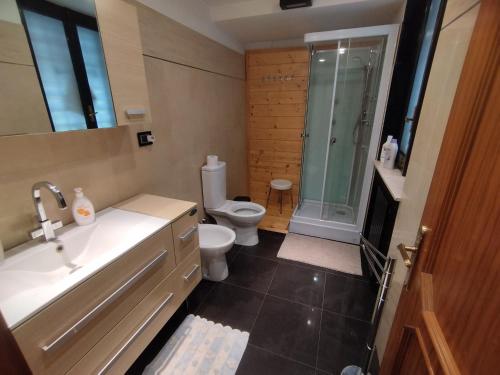 La salle de bains est pourvue de toilettes, d'un lavabo et d'une douche. dans l'établissement Greenhouse, à Mascalucia