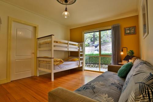a living room with a bunk bed and a couch at Devinegetaway in Eildon