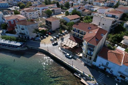 an aerial view of a city next to the water at Hotel Miramare in Pylos