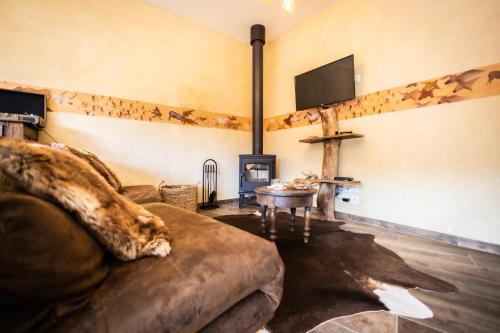 a living room with a couch and a fireplace at La tanière Dinant in Dinant