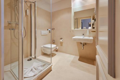 a bathroom with a shower and a toilet and a sink at Romantik Hotel am Brühl in Quedlinburg