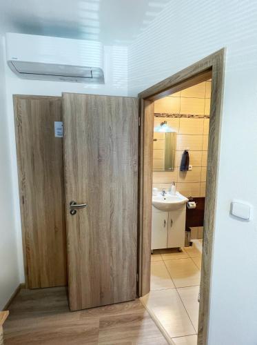 a bathroom with a wooden door and a sink at Ubytování nad sklípkem v Šatově in Šatov