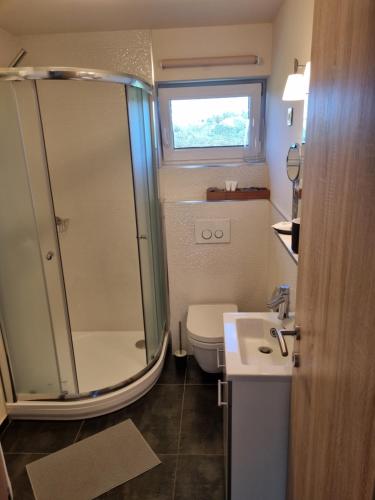 La salle de bains est pourvue d'une douche, de toilettes et d'un lavabo. dans l'établissement Kuća za odmor MUŠKAT, à Štrigova