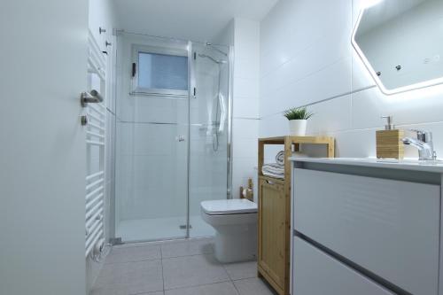 y baño con aseo, lavabo y ducha. en Apartamento Mar de Ardora, en Vigo