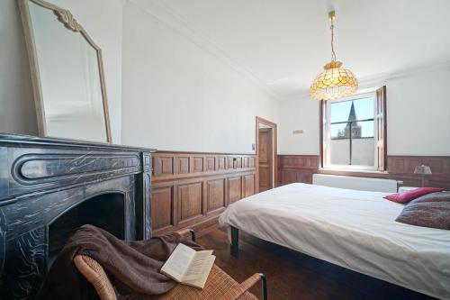 a bedroom with a bed and a fireplace and a window at Gîtes Chez Oncle Nicolas in Soumagne