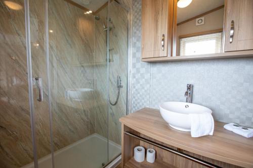 a bathroom with a sink and a glass shower at Stewarts Resort Lodge 8 in St. Andrews