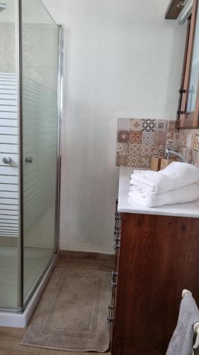 a bathroom with a shower and a sink at Savannah suite in ‘Isfiyā