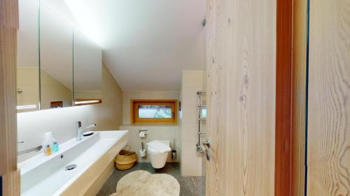 een badkamer met een wastafel, een toilet en een spiegel bij La Feda in Pontresina
