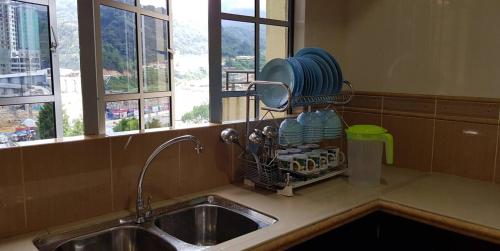 a kitchen sink with a drying rack next to a window at Crown Imperial Court Apartment (Madam Ng)1 in Cameron Highlands