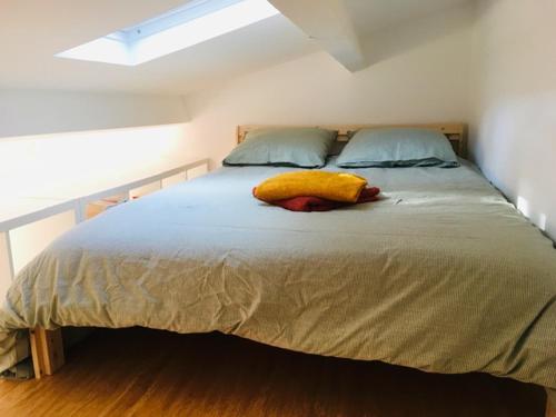 Un dormitorio con una cama con una manta amarilla. en Charmant gîte nature au pied du Luberon, en Saint-Martin-de-la-Brasque