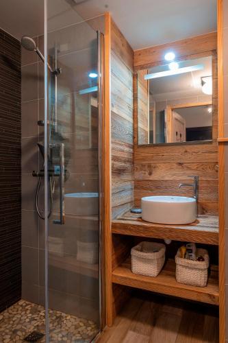 une salle de bain avec une douche, un lavabo et un miroir dans l'établissement Apartment Marmottes Suisses, aux Gets