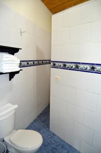 a bathroom with a toilet and white tiled walls at Finca Azulinas in La Tebaida